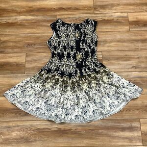 DB Women’s Black Tan and White Paisley Floral Fit and Flare Dress Size 6P